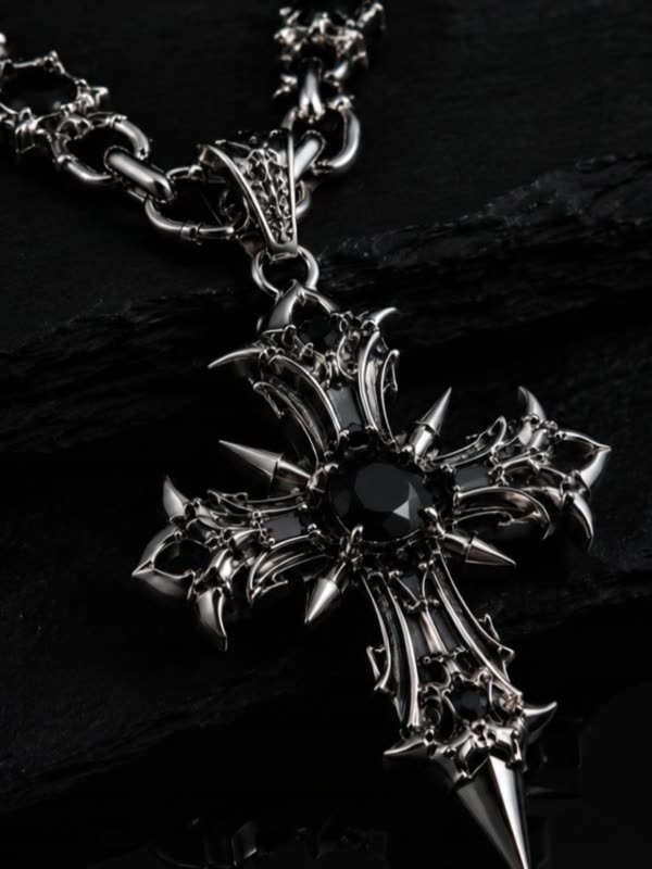 OVERLY gothic luxury silver pendant necklace photographed on a dark backdrop — ecommerce store and ad creative built by Vertex Agency